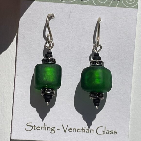 Venetian Fire Earrings Artisan Sterling Silver 24k Gold Green Venetian Glass OS - Picture 4 of 5